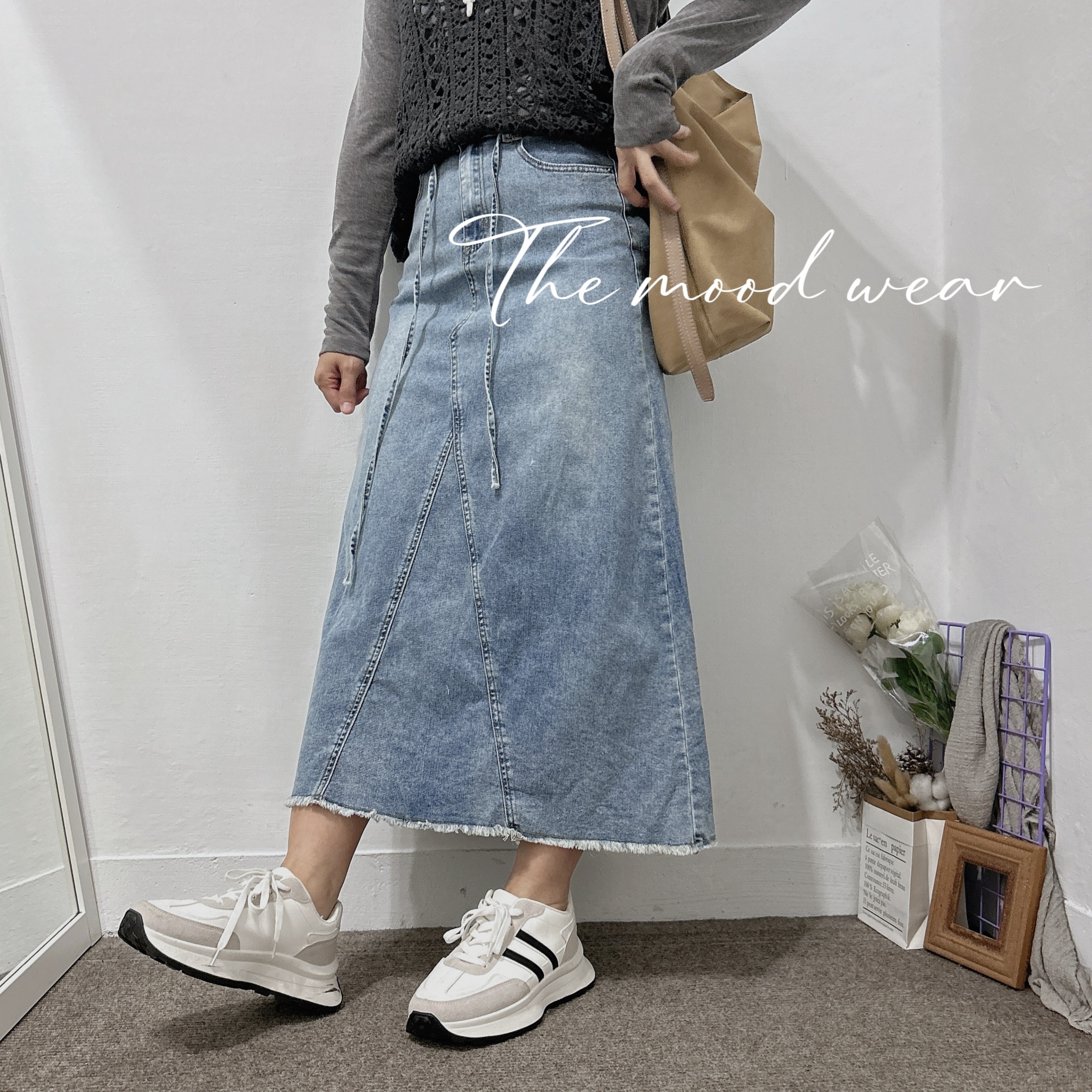 S-2XL附綁繩Ａ字高腰牛仔長裙