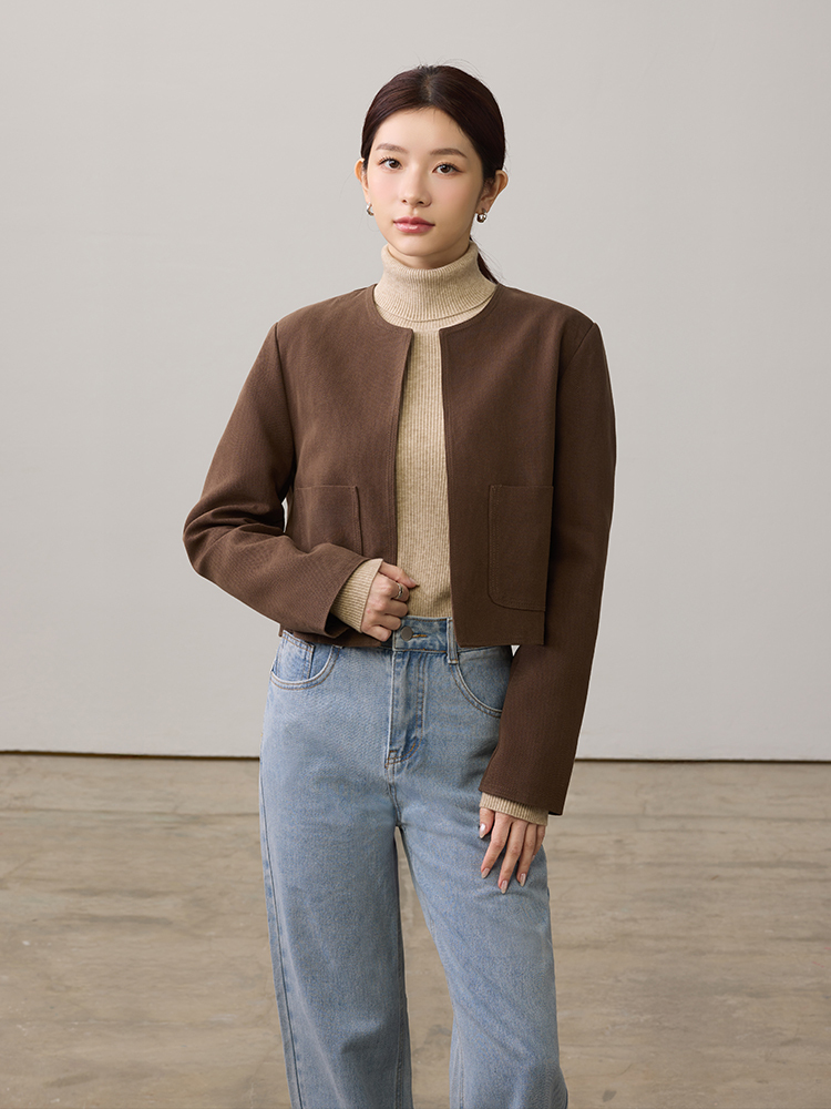 OH!HER 極簡風圓領短版外套(43%萊賽爾.30%亞麻)