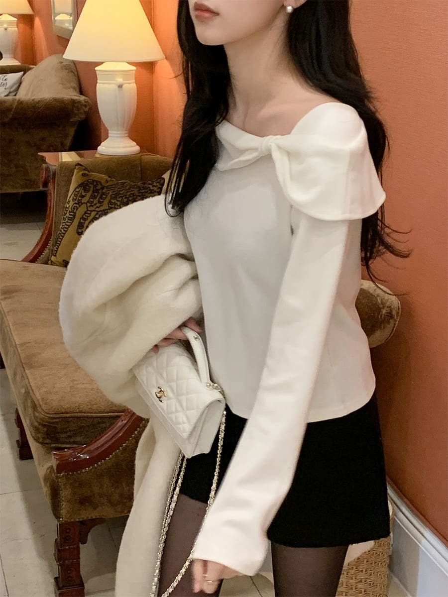 韓國Cherrykoko授權 浪漫氛圍一字船領蝴蝶結飾上衣