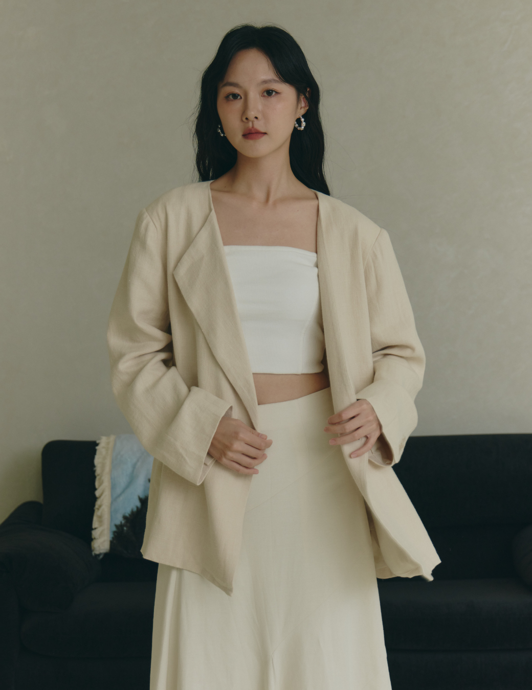 麻料無領綁帶西裝外套