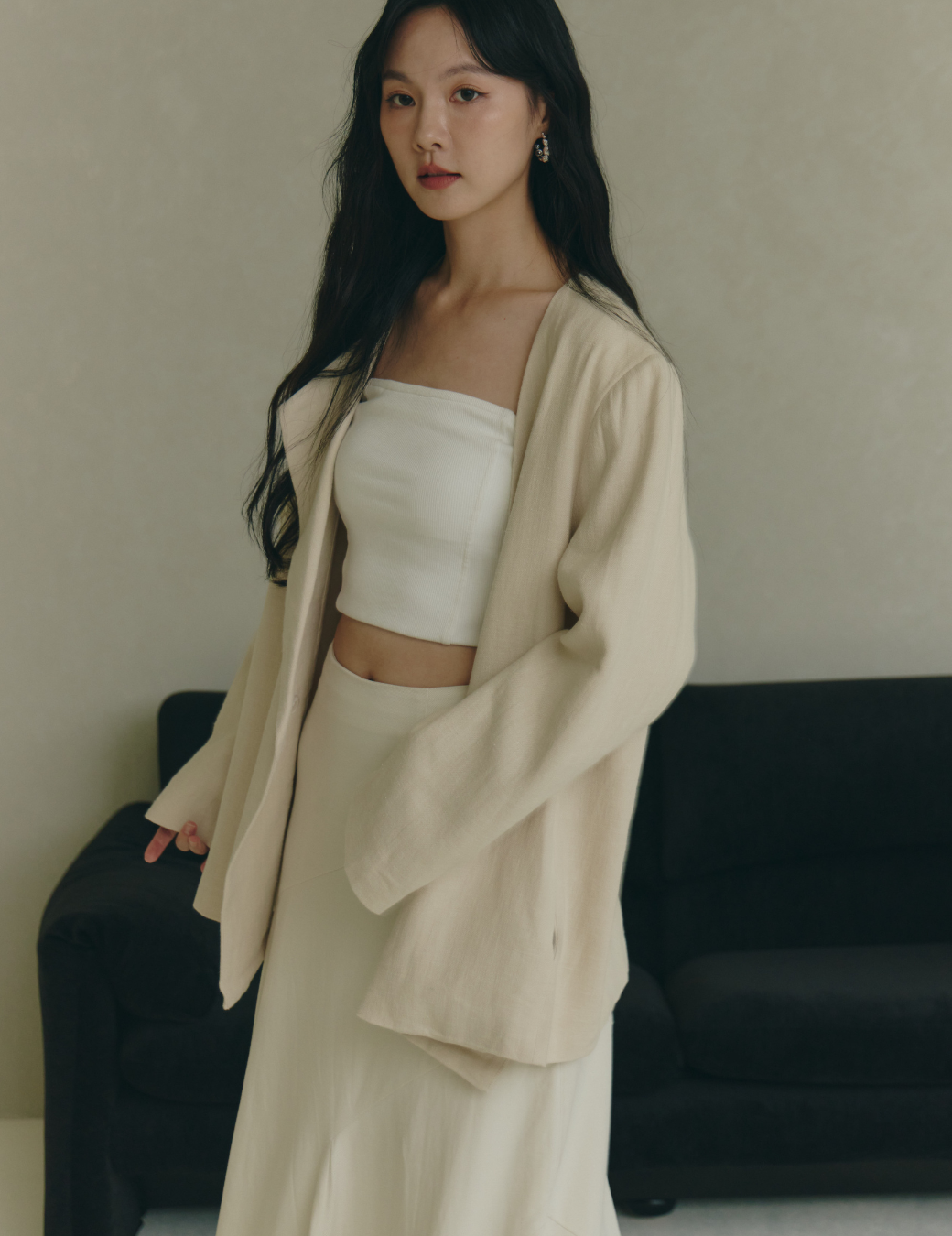 麻料無領綁帶西裝外套