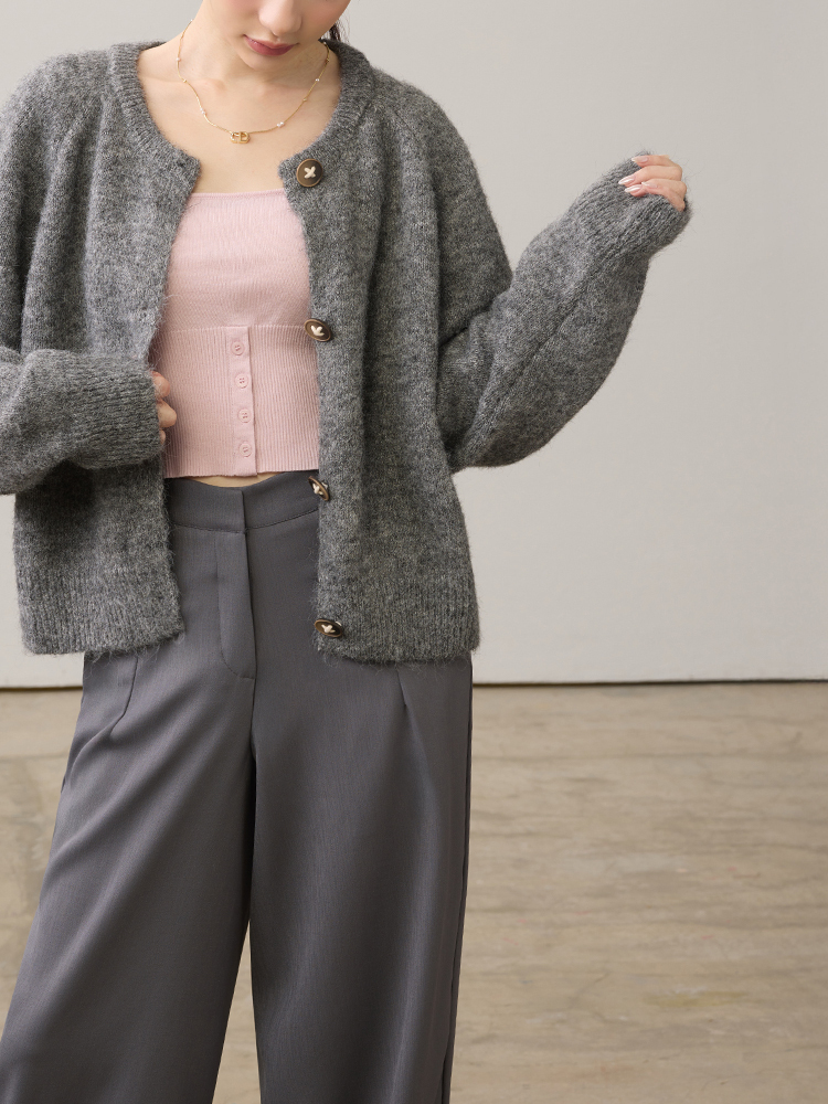 OH!HER 法式U領鈕扣開衩背心 （30%絲光羊毛）