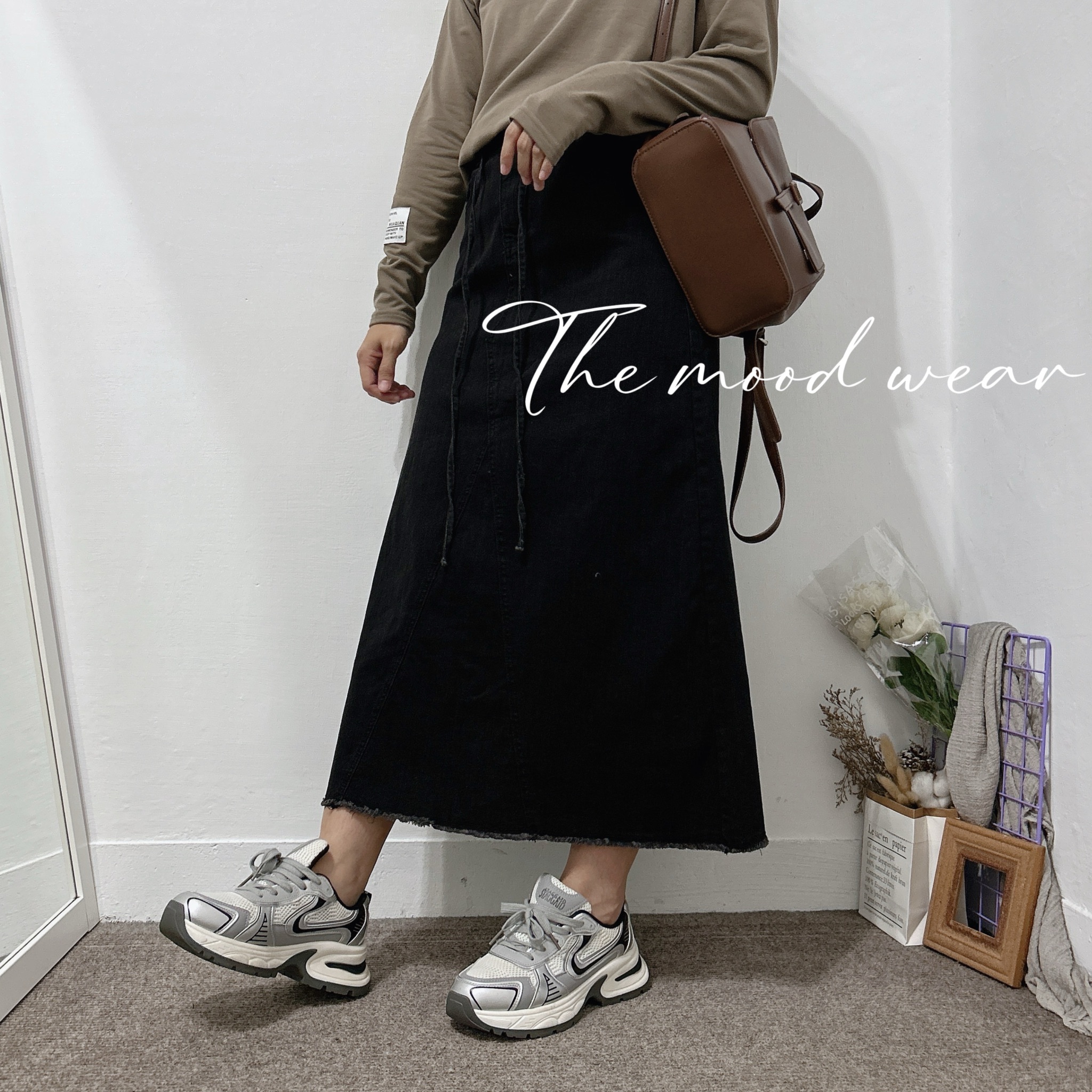 S-2XL附綁繩Ａ字高腰牛仔長裙 黑長裙