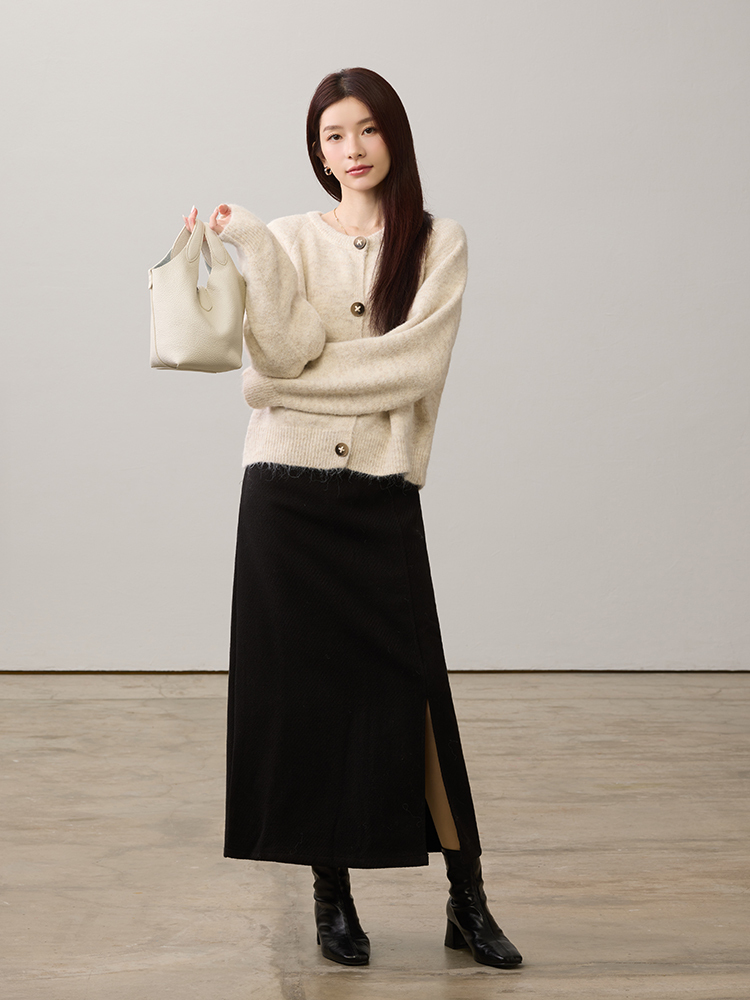 OH！HER 毛呢側開衩斜紋半身裙