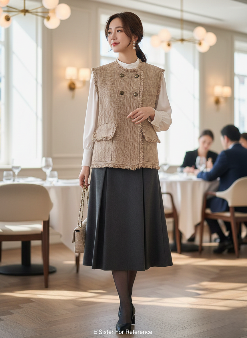 法式小香風粗花呢排釦背心 C51