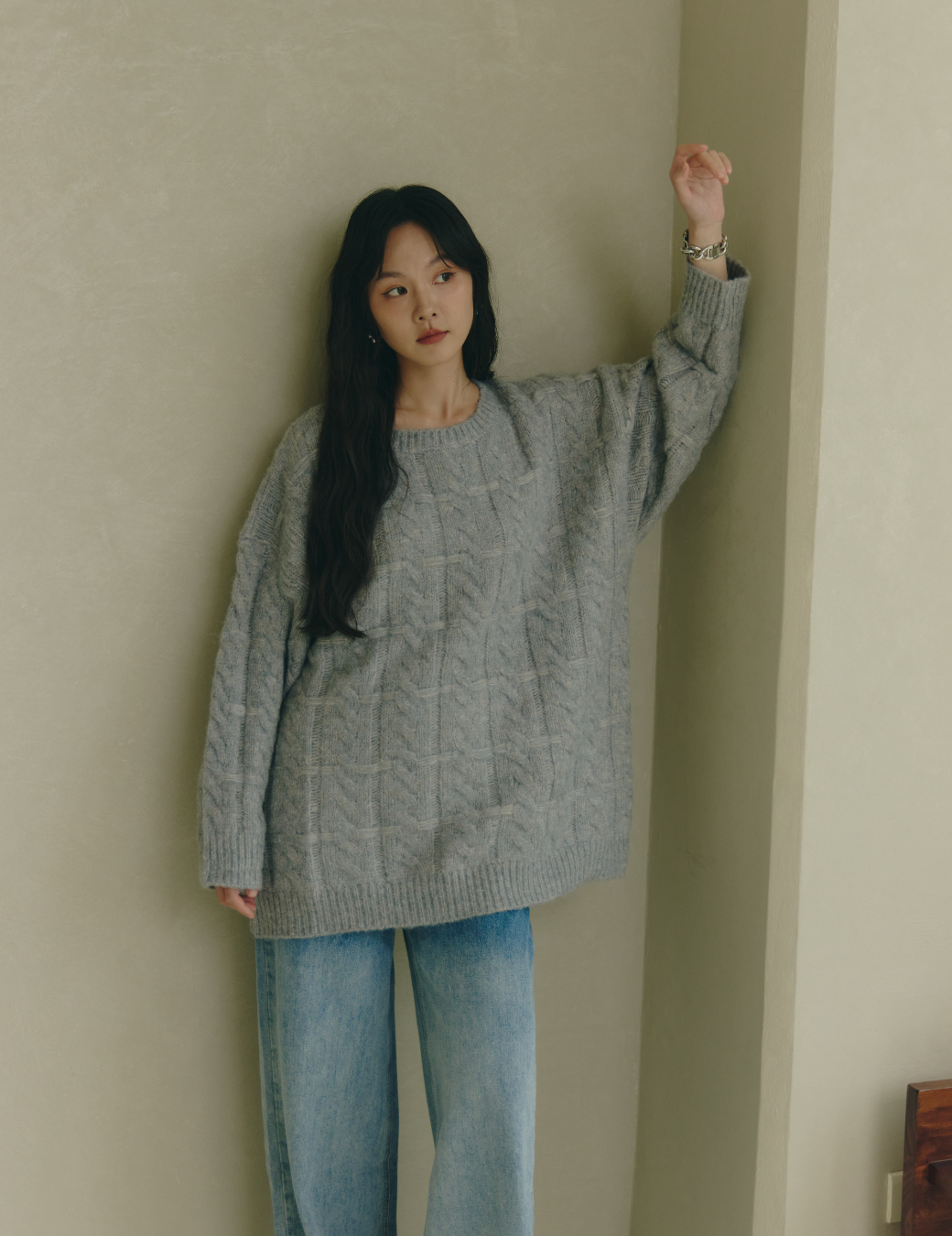 十字麻花寬版毛衣（冰湖藍）