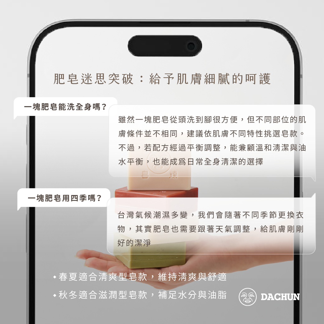 大春煉皂,沐浴皂,潔顏皂,肥皂,香皂,膚質,迷思