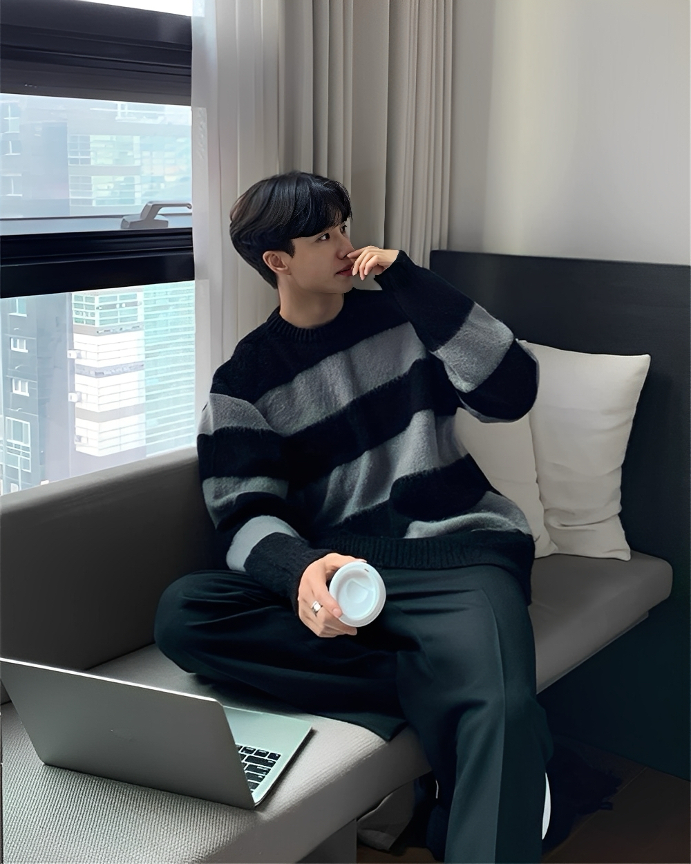 2色 冬季 圓領 條紋 加厚 條紋 毛衣