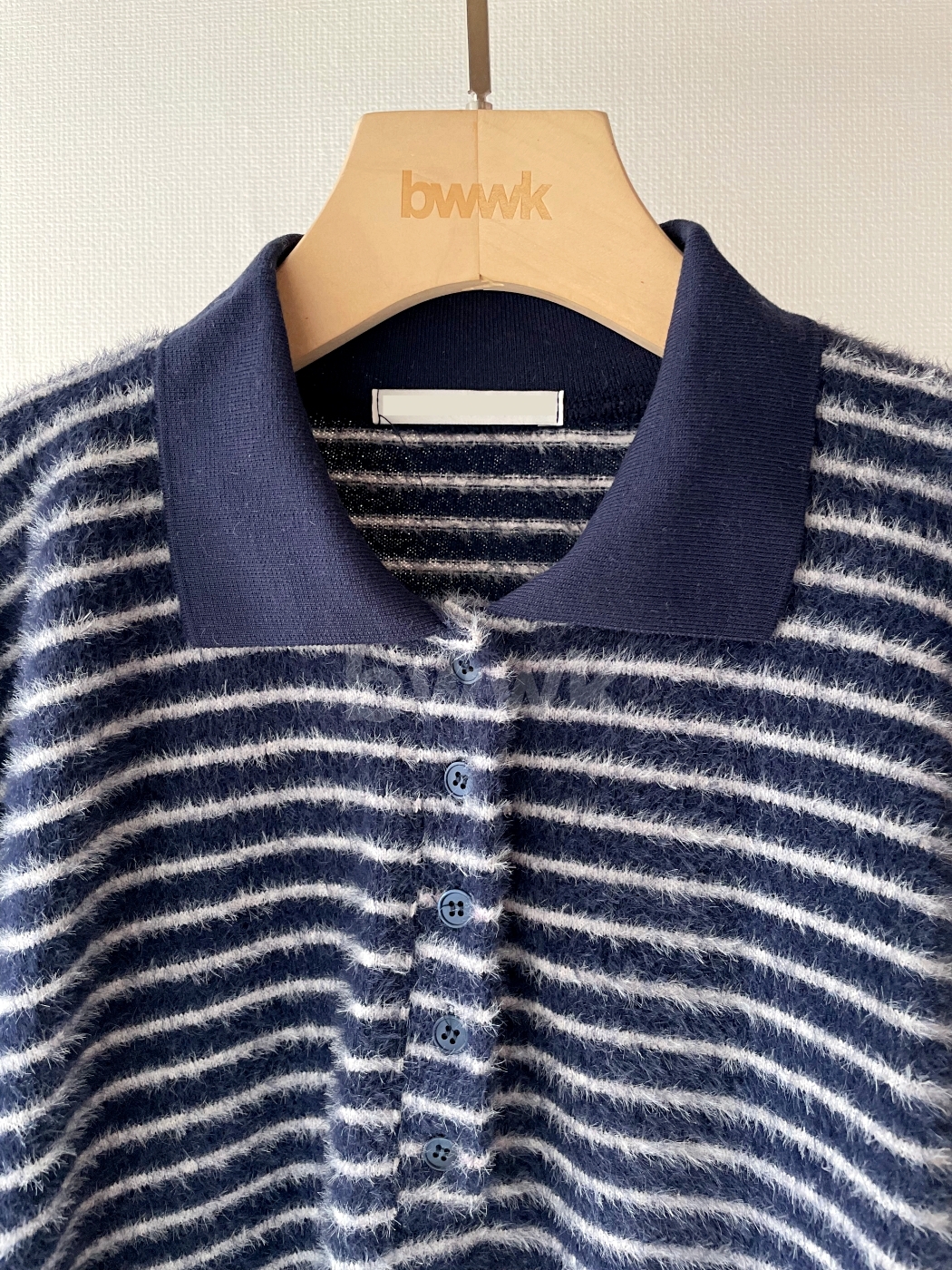 短絨條紋polo針織衫-深藍