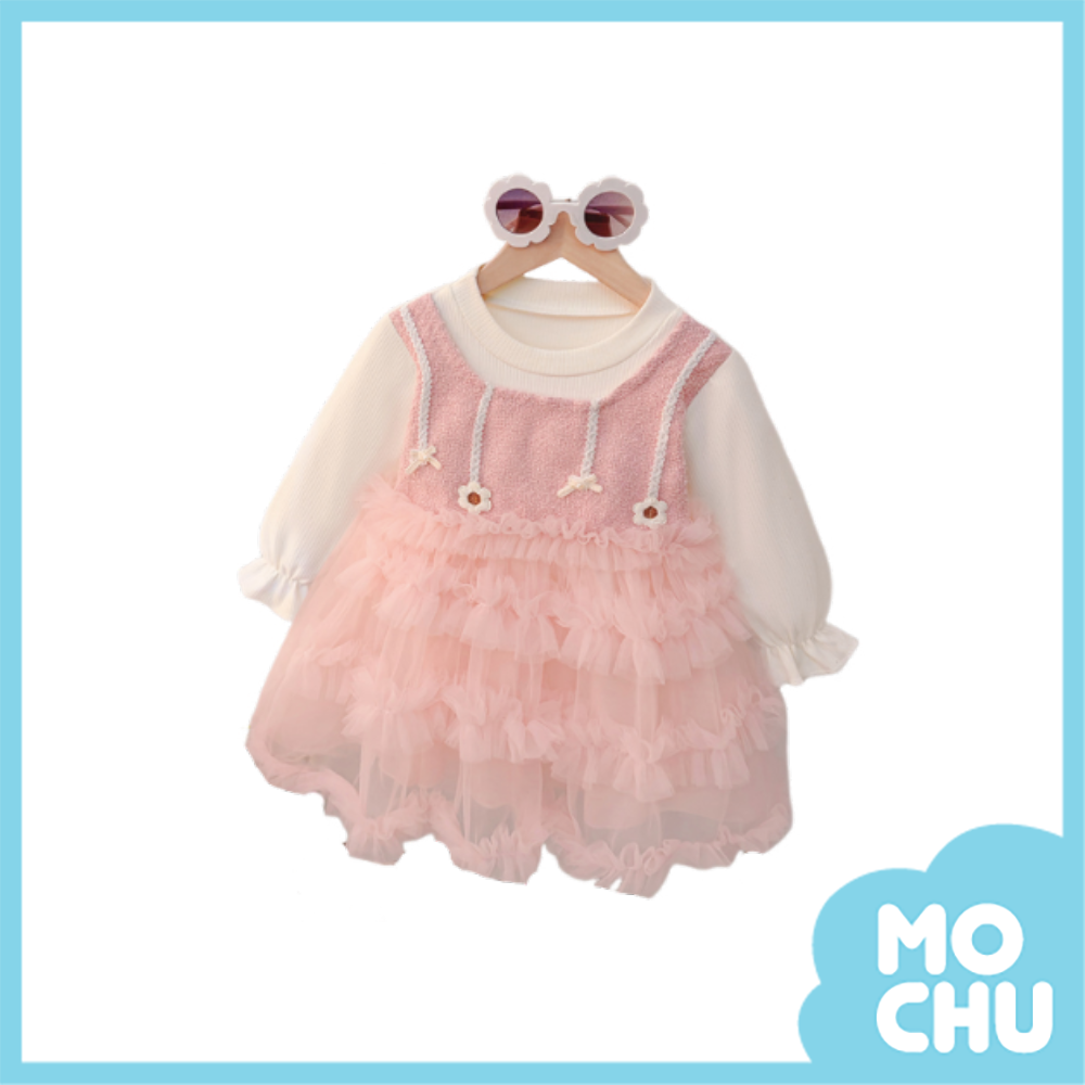 花花蝴蝶結蓬蓬網紗加絨連身裙(二色)