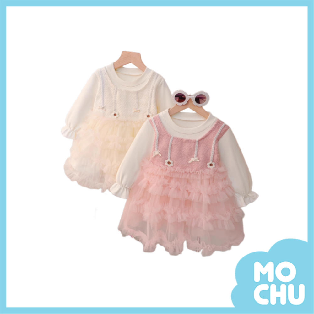 花花蝴蝶結蓬蓬網紗加絨連身裙(二色)