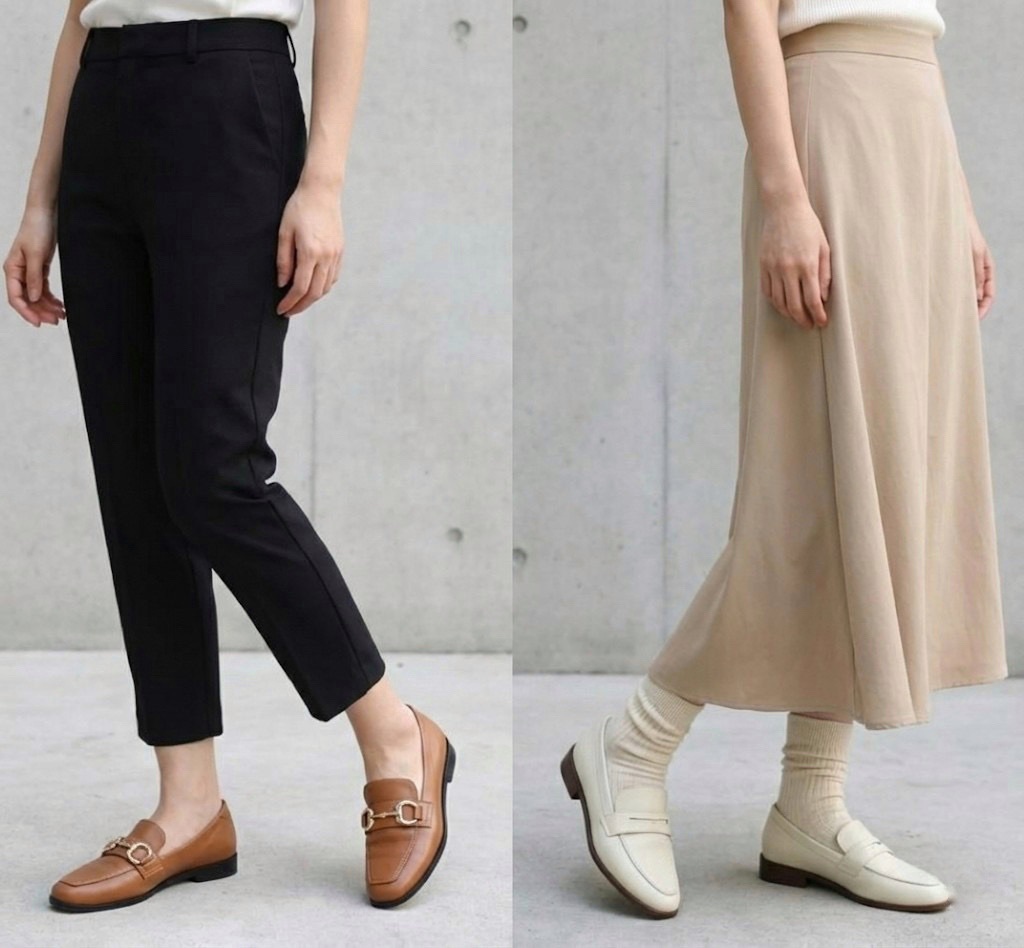 Sanly Joy 樂福鞋襪子搭配技巧大公開，比較九分褲露腳踝與長裙搭配堆堆襪的差異，不論是通勤上班或韓系約會穿搭，都能透過 Sanly Joy 柔軟皮革樂福鞋輕鬆駕馭。