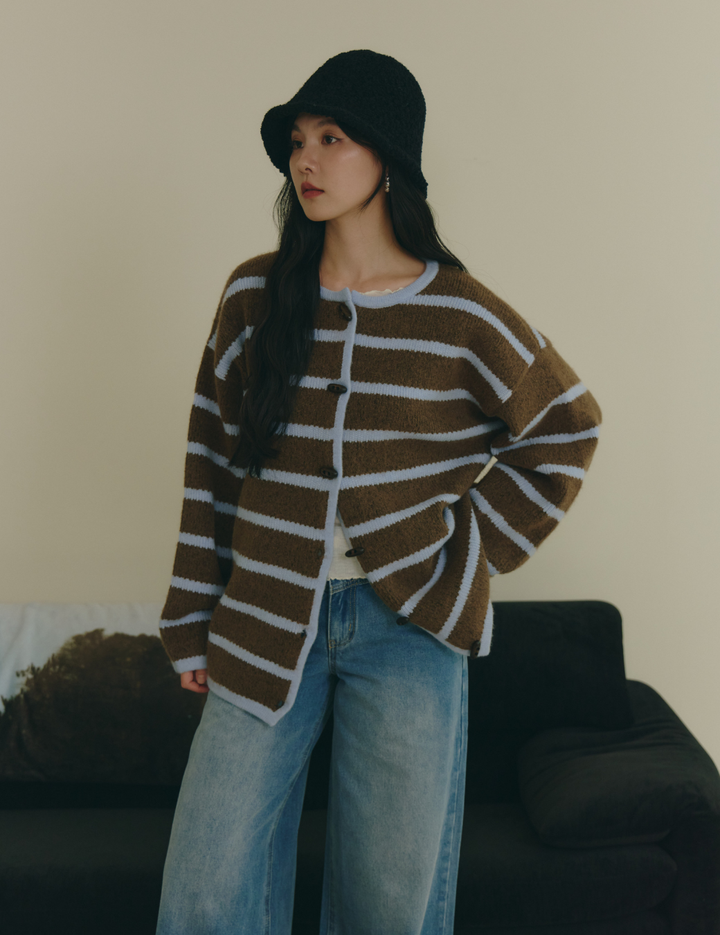 條紋配色牛角扣外套