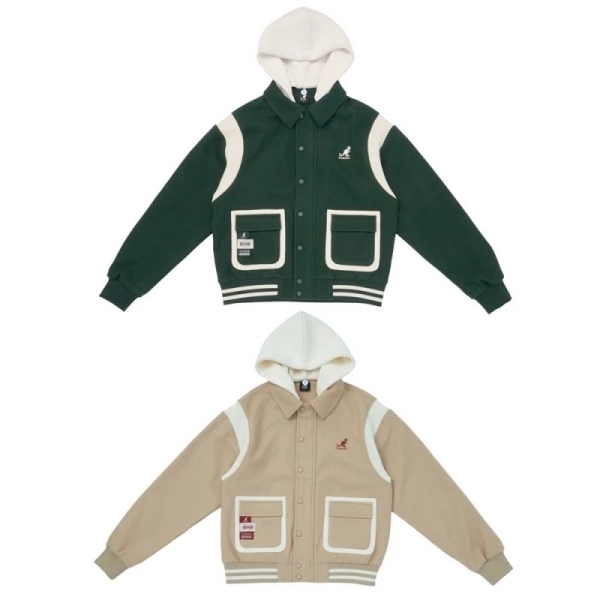 KANGOL 外套 綠 卡其 連帽 拼接 棒球外套 女 6452140170 6452140131