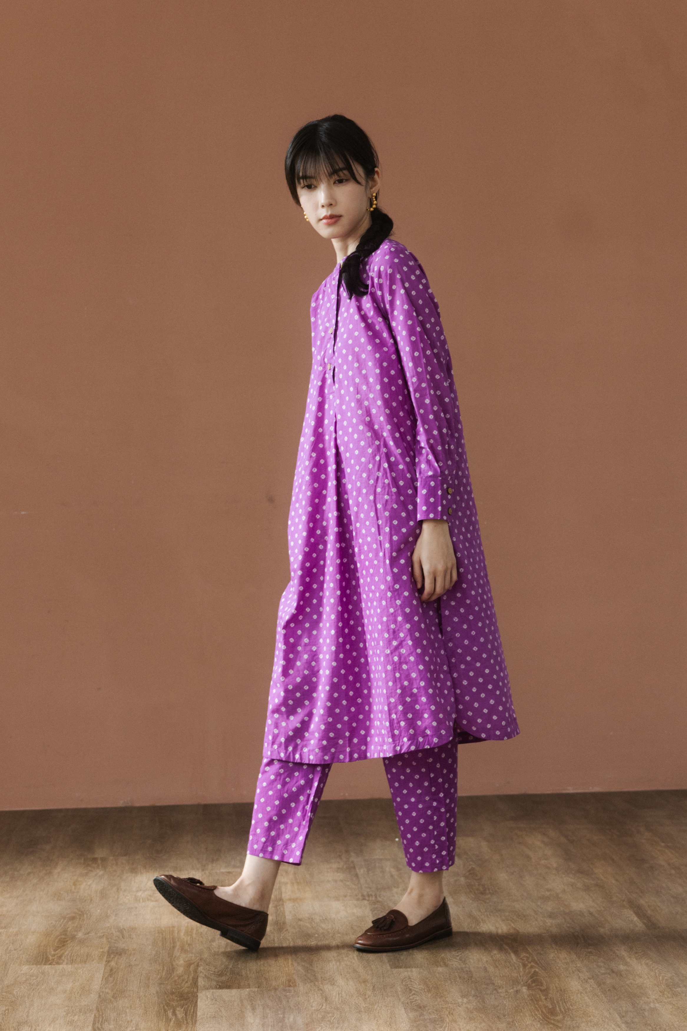 圓領長Kurta套裝_桃粉點點