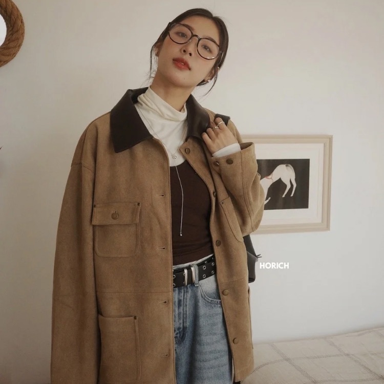 𝗗𝗲𝗰.𝟮𝟯 / W51183-拼皮領麂皮絨外套/ 卡其色