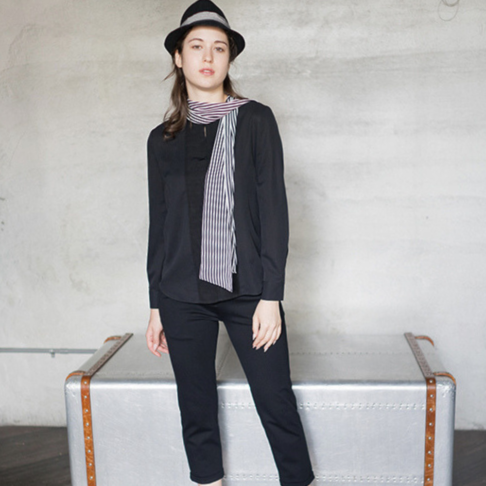 PIPPY高雅直紋多樣化領結襯衫長袖上衣 黑