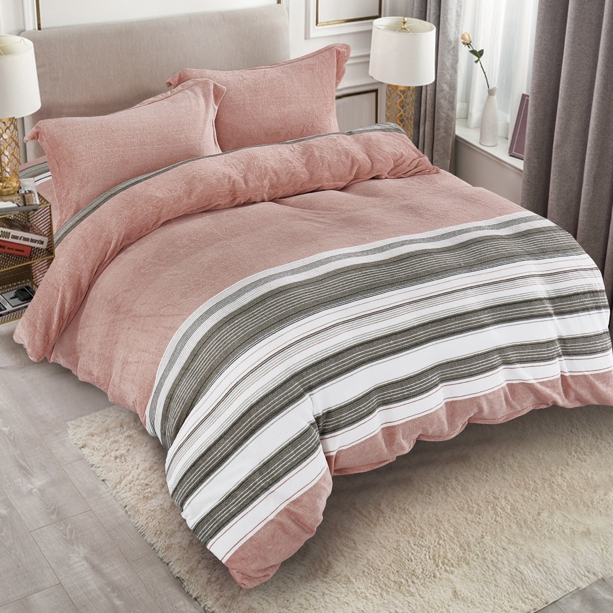 桃絲絨針織｜床包被套組｜漫格粉