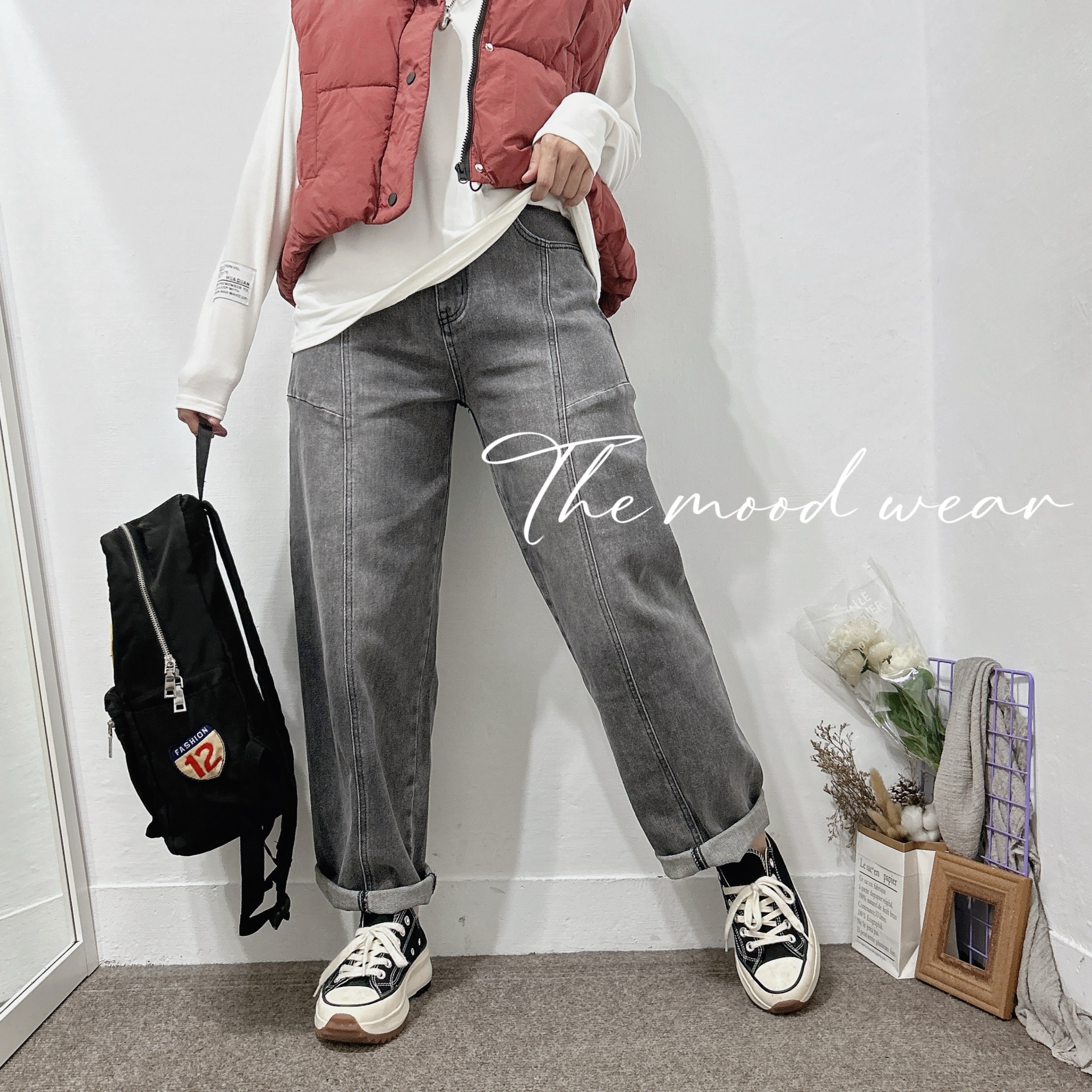 S-XL水洗灰剪裁寬褲 造型寬褲 彎刀褲