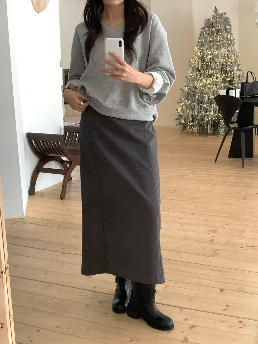 石墨灰後腰鬆緊後開衩鉛筆裙長裙-F