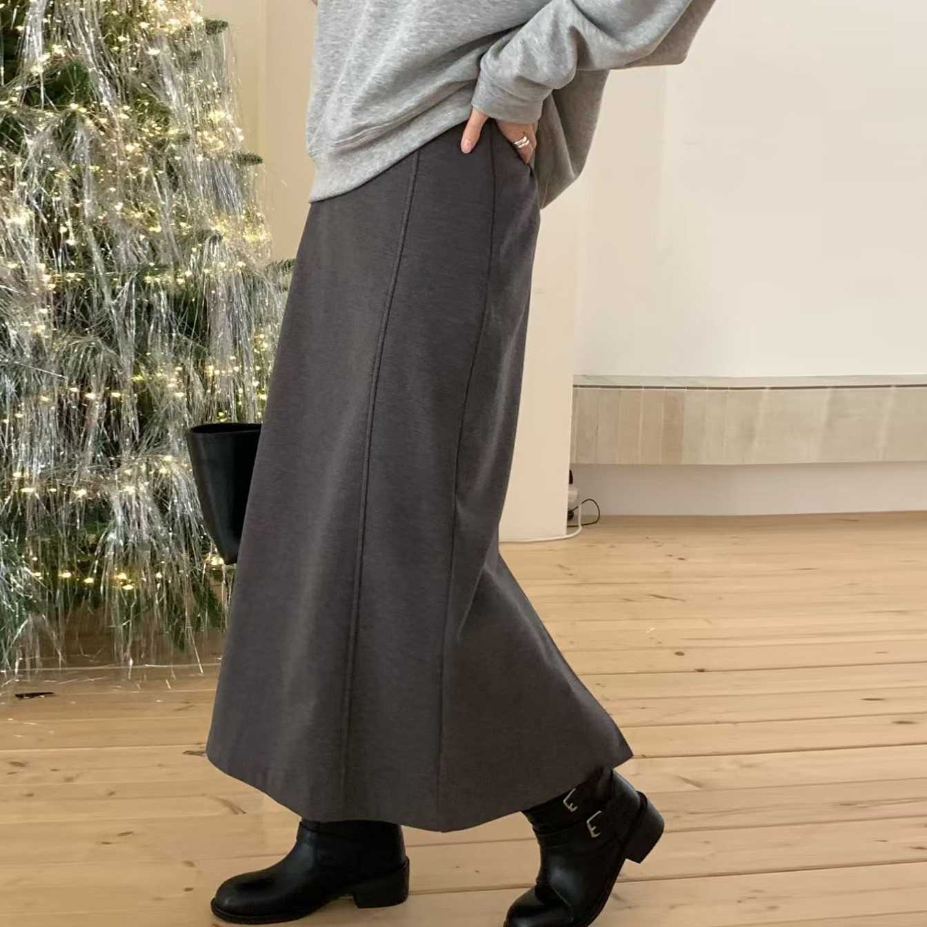 石墨灰後腰鬆緊後開衩鉛筆裙長裙-F