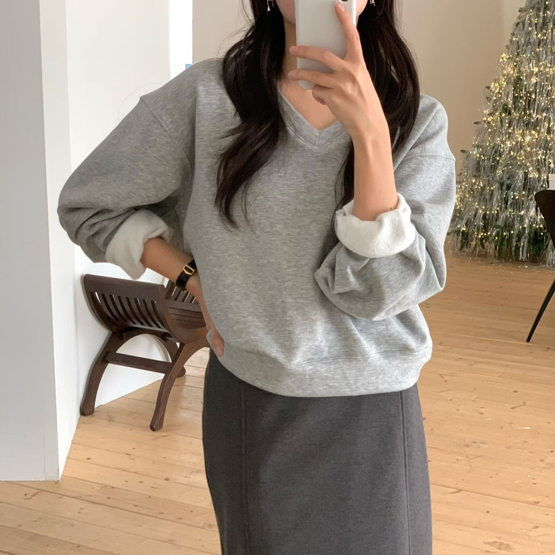 秋冬百搭V領內刷毛衛衣大學TEE / 2色