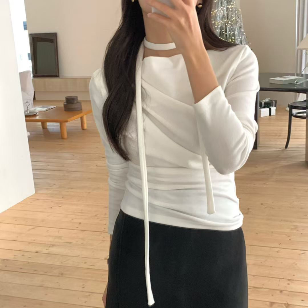 優雅女子抓褶感合身長袖上衣-附綁帶 / 2色