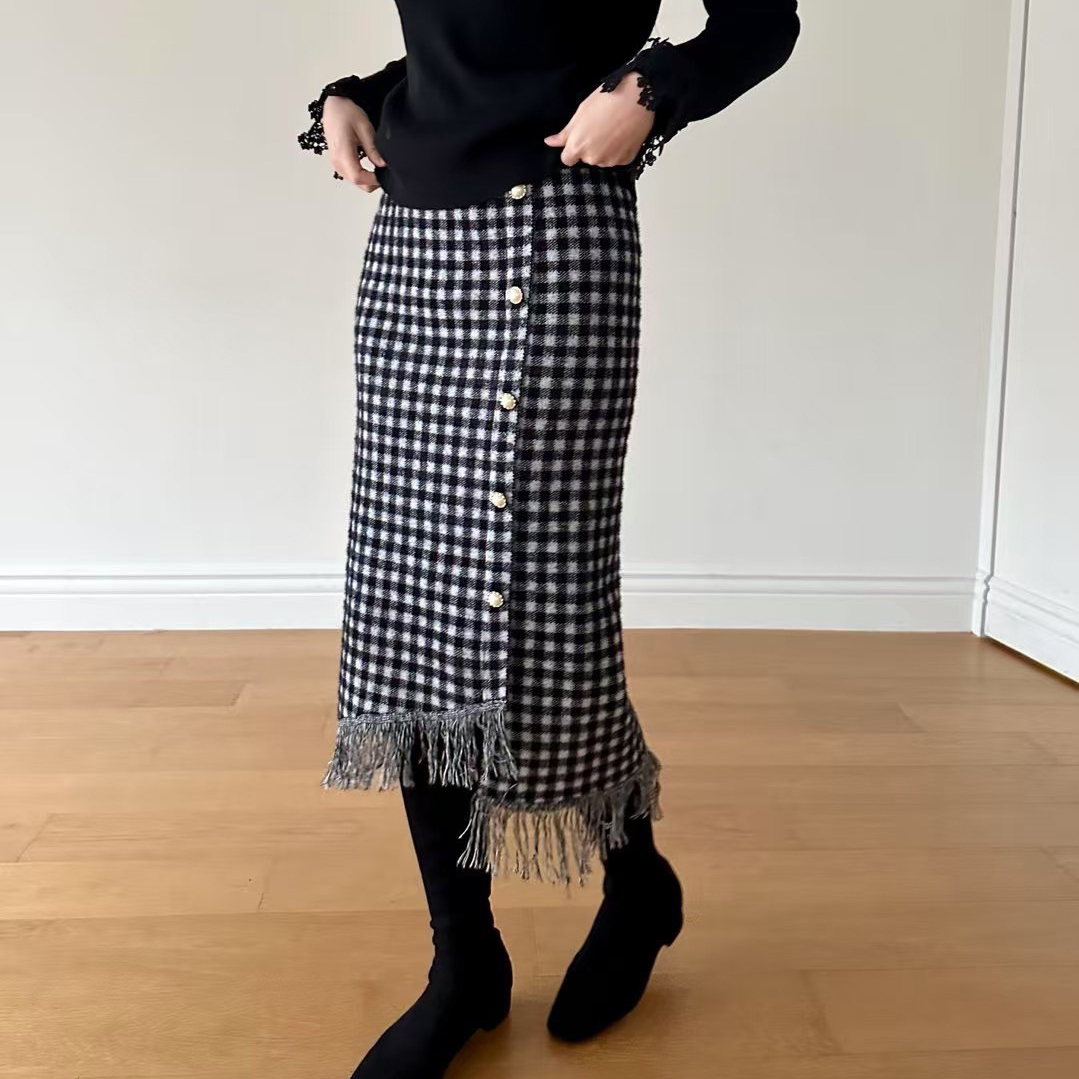 配色格紋側排釦造型流蘇下擺長裙-F / 2色