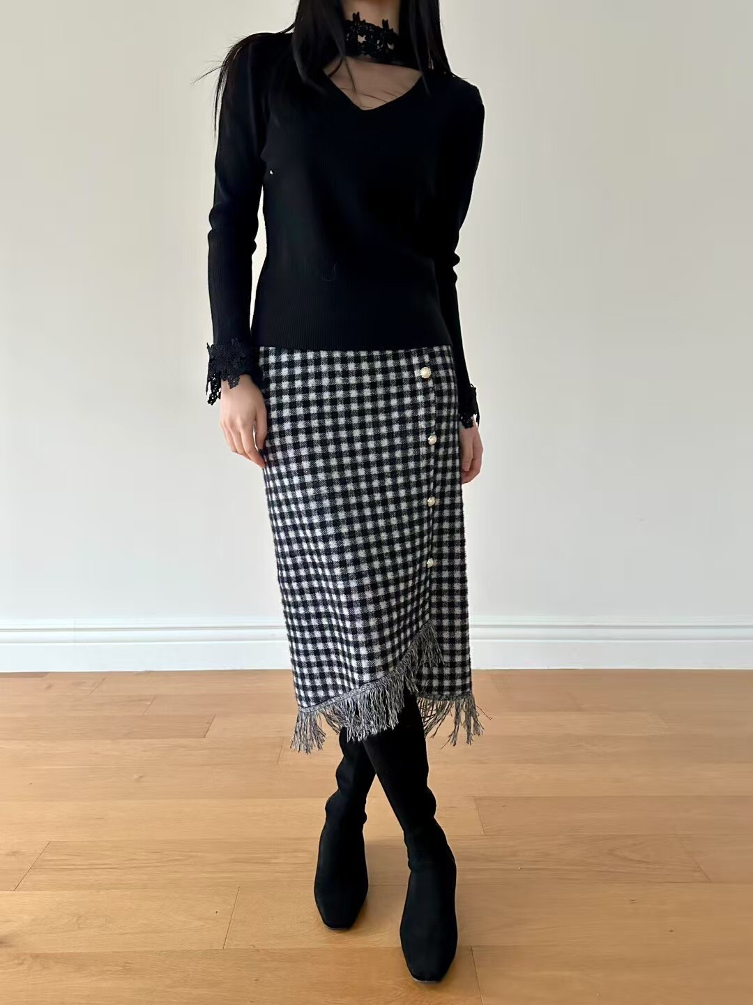 配色格紋側排釦造型流蘇下擺長裙-F / 2色