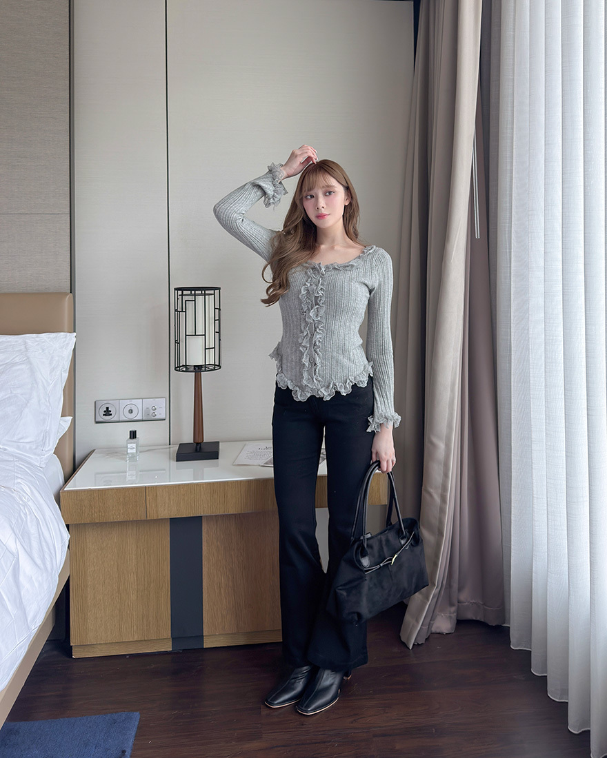 LINA LINA美圖長腿收腹雙排釦喇叭牛仔褲-顯瘦黑S-L