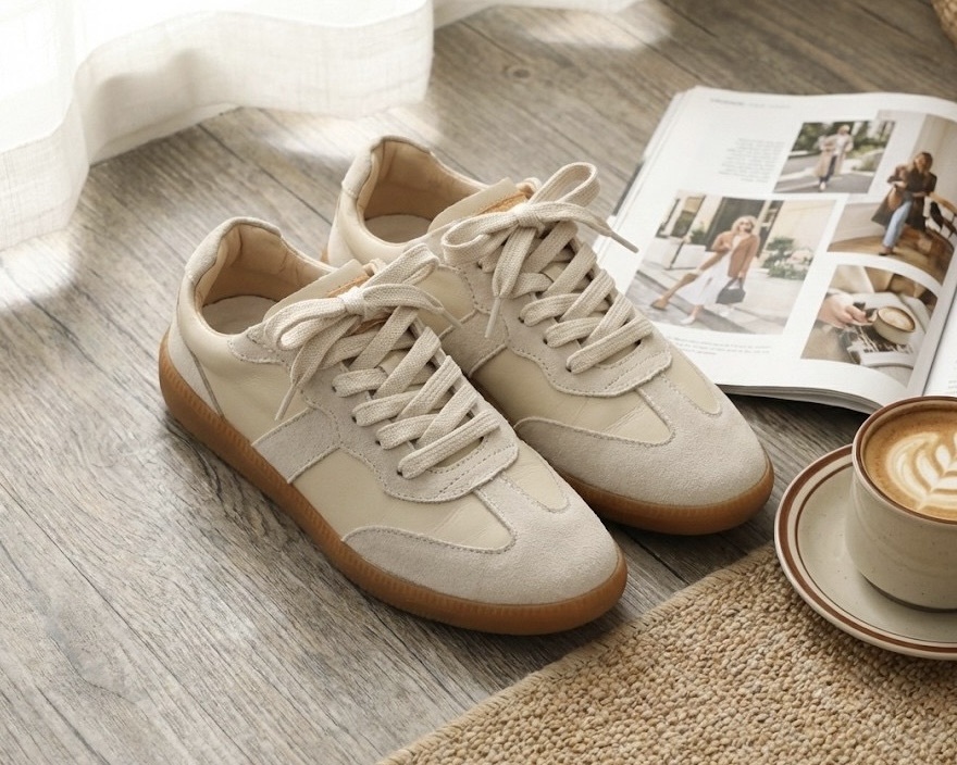 Sanly Joy 復古德訓鞋特寫，經典T字鞋頭設計搭配焦糖底，展示百搭的高質感皮革細節，是今年流行必備的德訓鞋推薦款，兼具復古與現代美感。