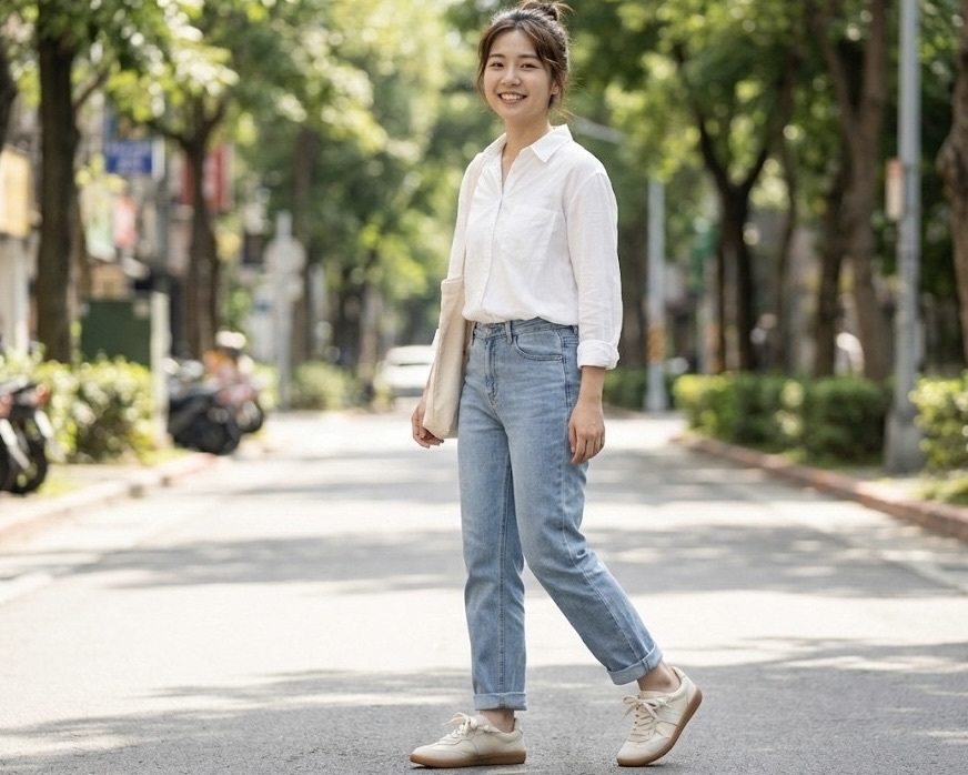 Sanly Joy 德訓鞋穿搭，搭配淺色直筒牛仔褲展現率性法式街頭風，日常逛街或週末出遊的顯瘦穿搭首選，完美演繹女生德訓鞋的百搭魅力。