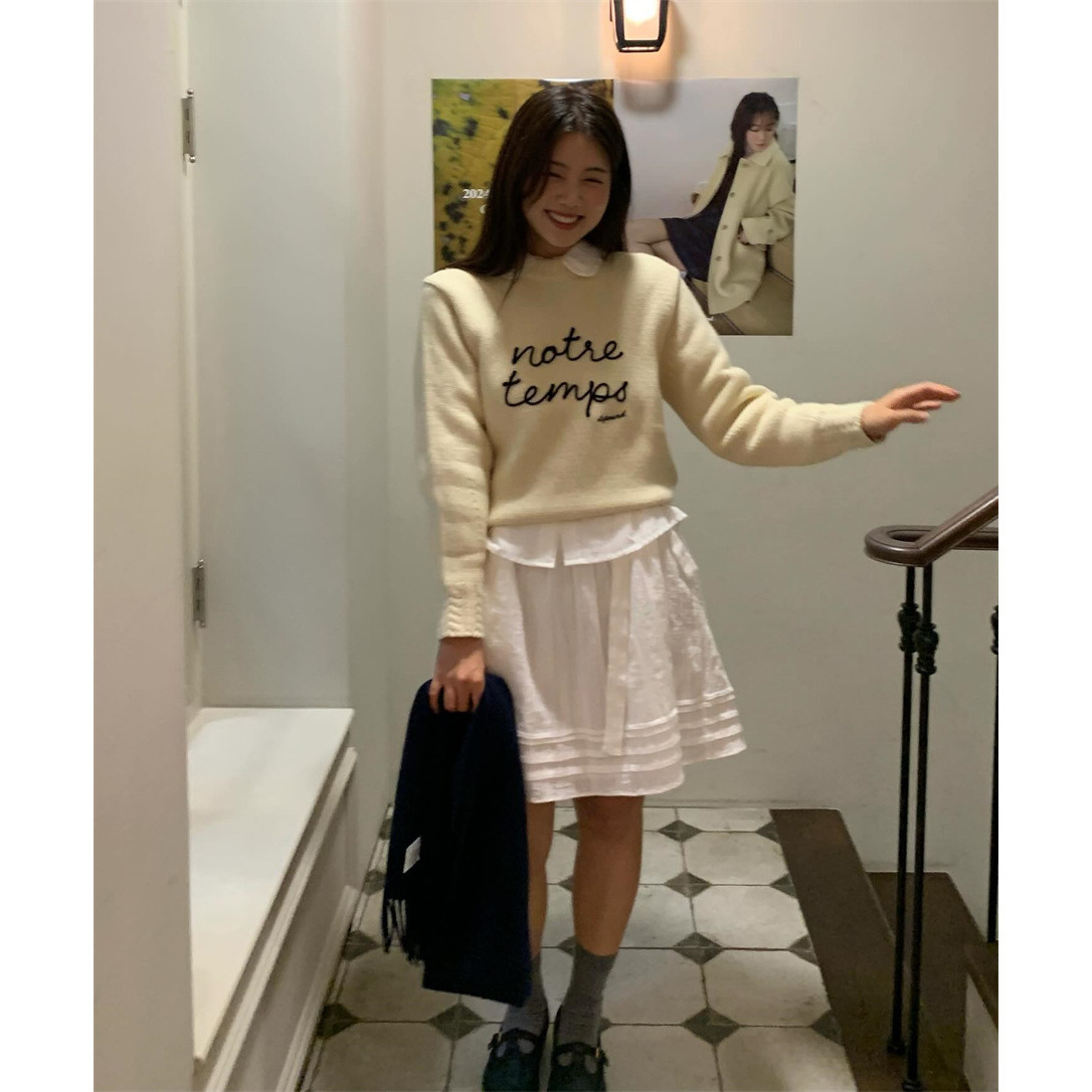 ᴷᴼᴿᴱᴬ 🇰🇷法式字母奶白圓領針織羊毛上衣