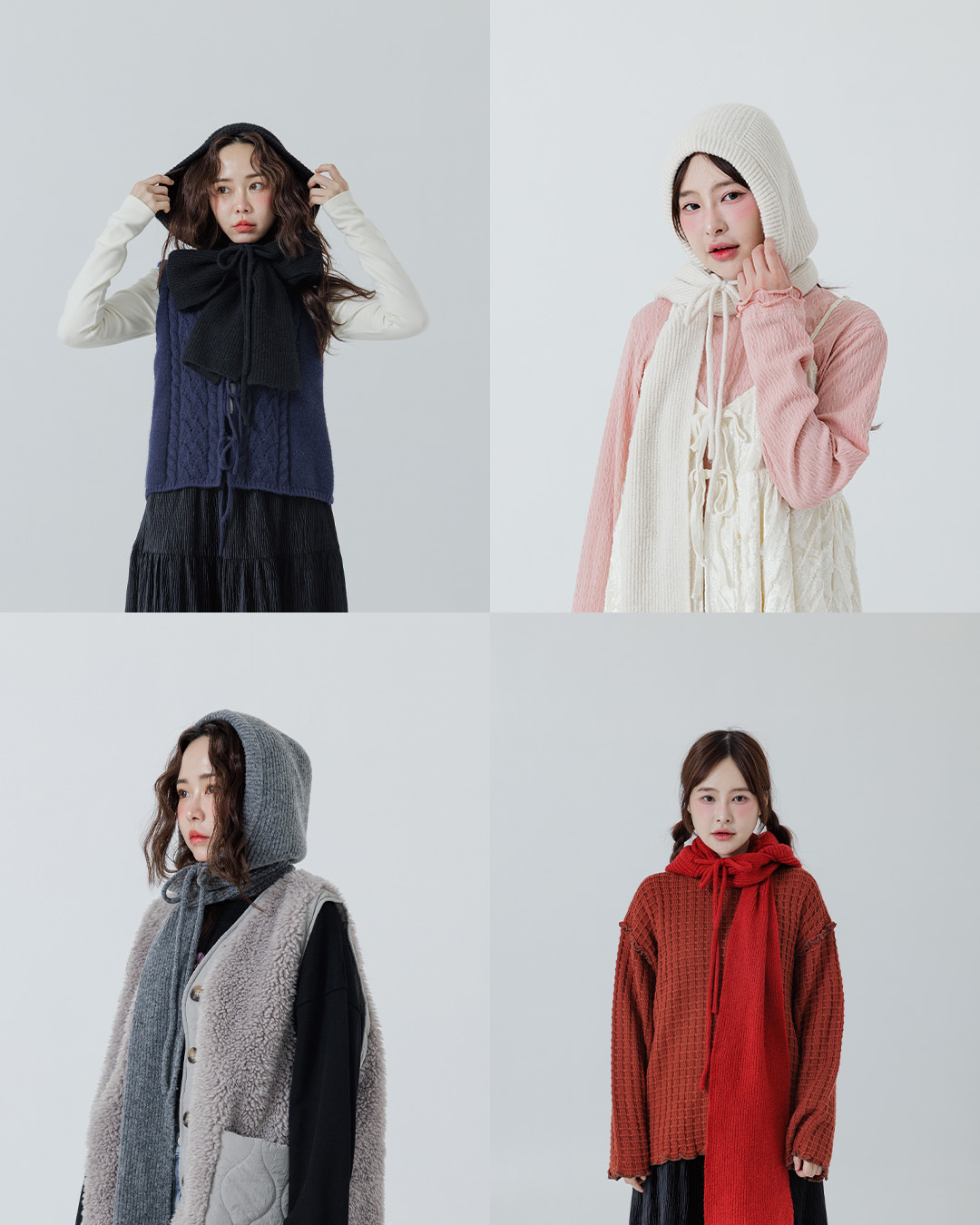 Plain hooded drawstring knitted scarf, available in five colors.【07010475】in stock+pre-order