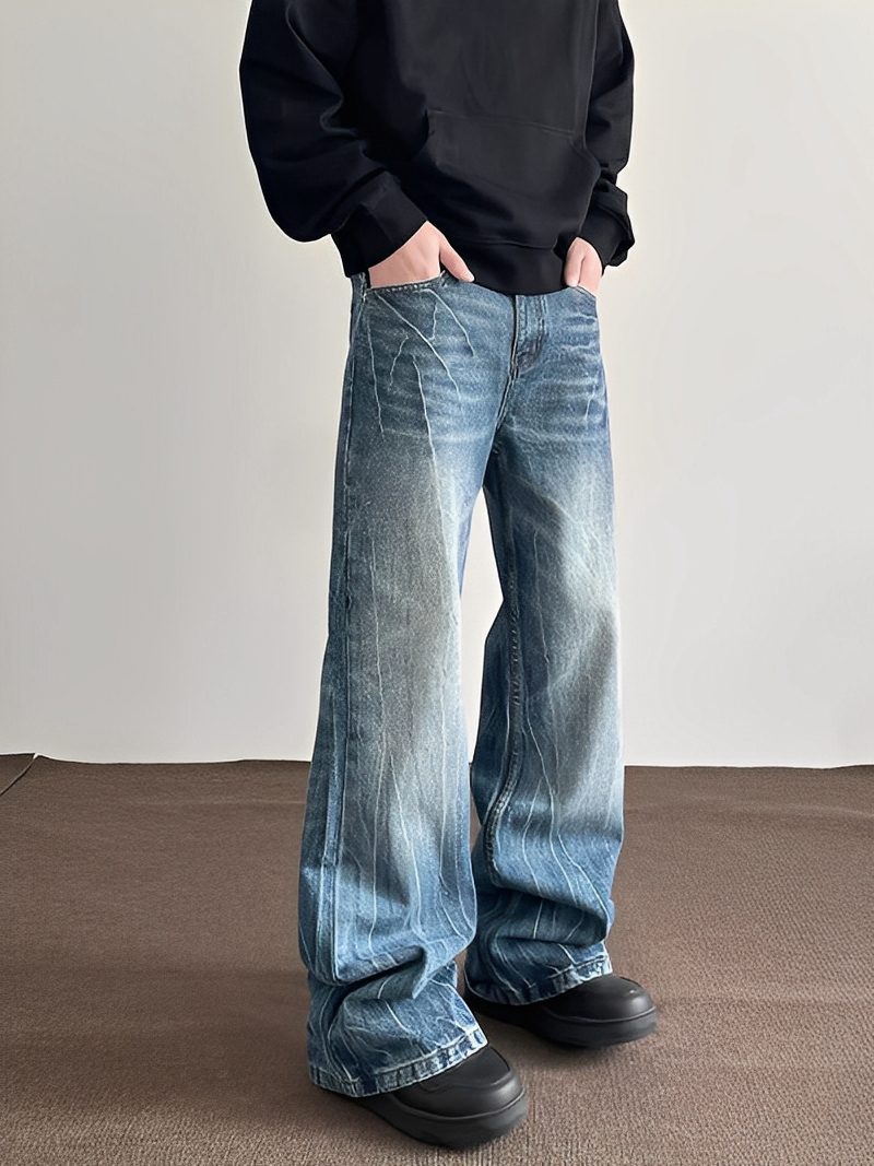 美式 復古 閃電 刷色 牛仔褲 喇叭褲