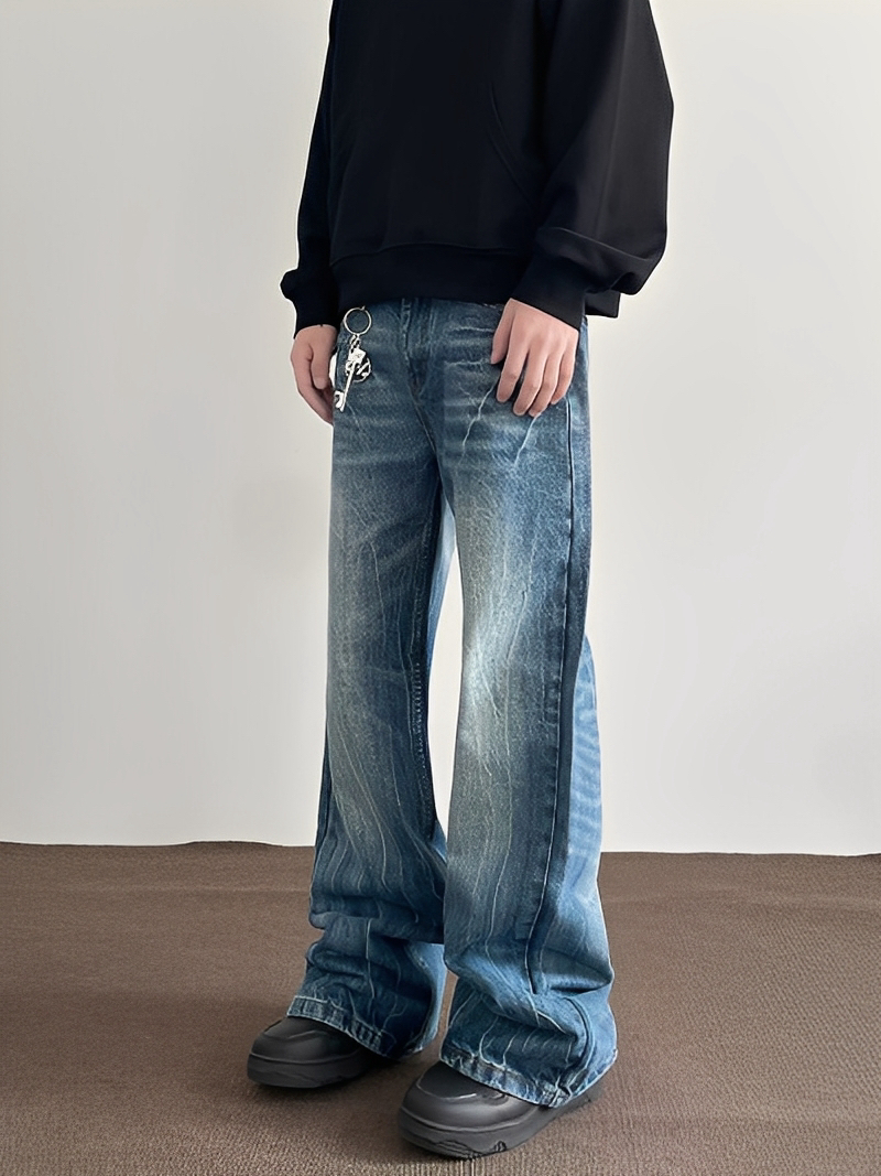 美式 復古 閃電 刷色 牛仔褲 喇叭褲