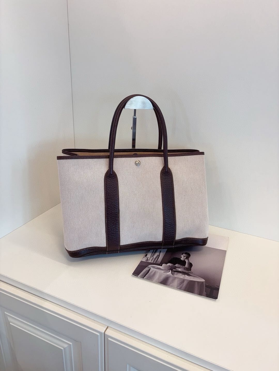 【98新】Hermes GP36 Garden 米白帆布拼棕皮花園手提袋