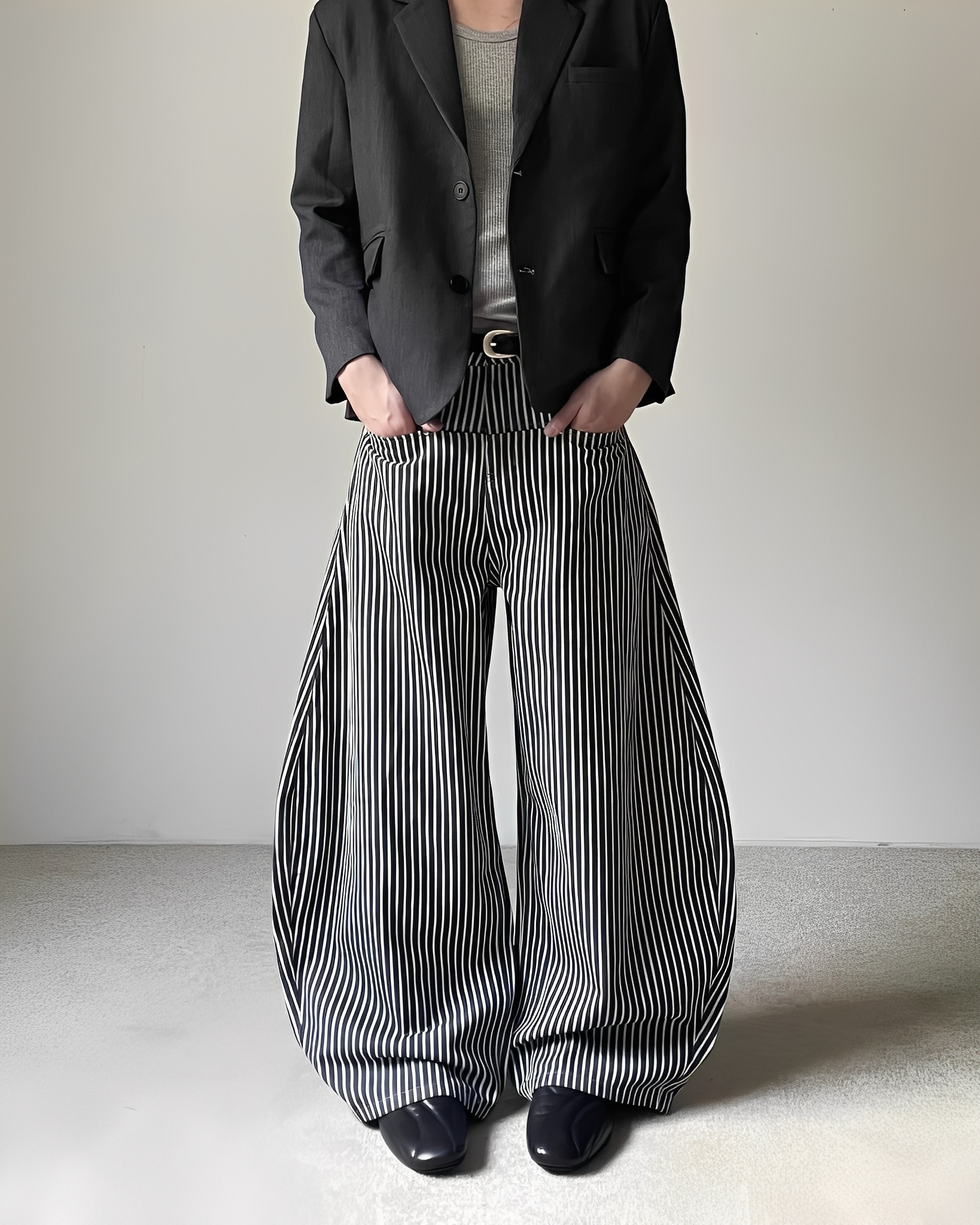 Cleanfit 日系 復古 直條紋 燈籠褲