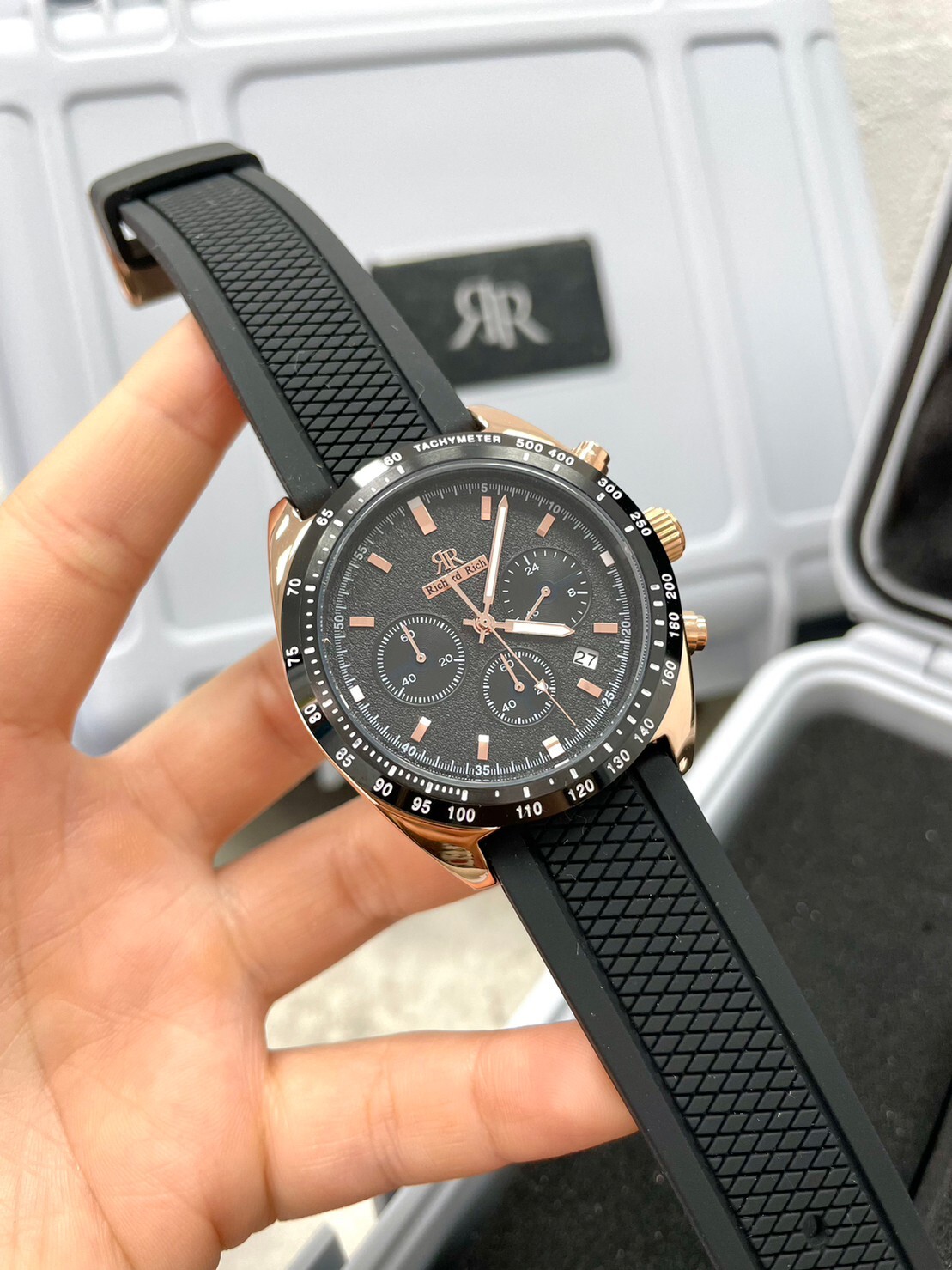 【Richard Rich】RR 星際霸主系列 玫金殼黑面 計時三眼 矽膠 腕錶