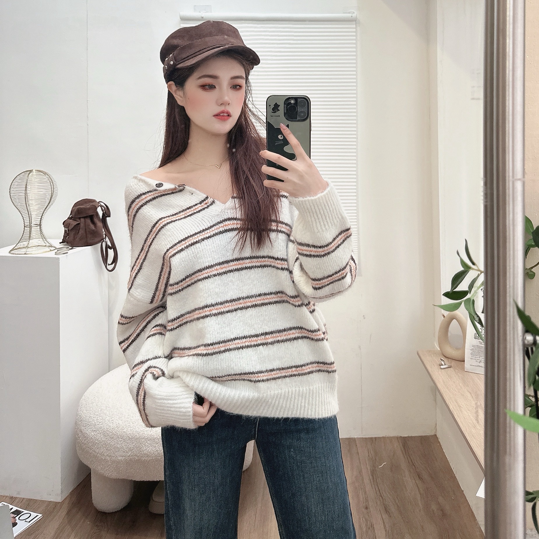 撞色條文翻領毛衣/二色