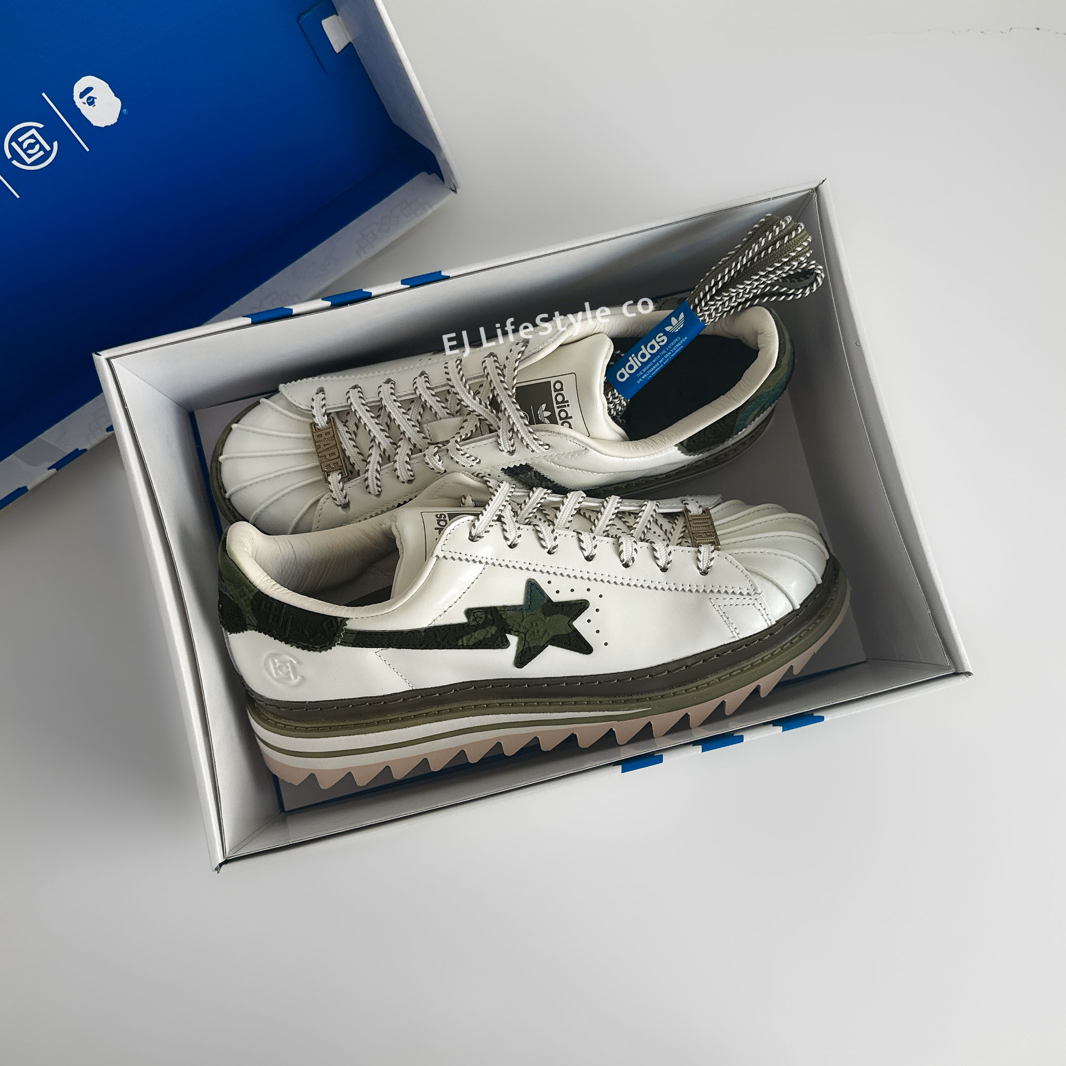 CLOT X BAPE® X ADIDAS ORIGINALS SUPERSTAR 三方聯名 陳冠希 迷彩 軍綠 森林綠 英倫風 牛津鞋 貝殼鞋 鋸齒底 男鞋 KJ1473 / 現+預