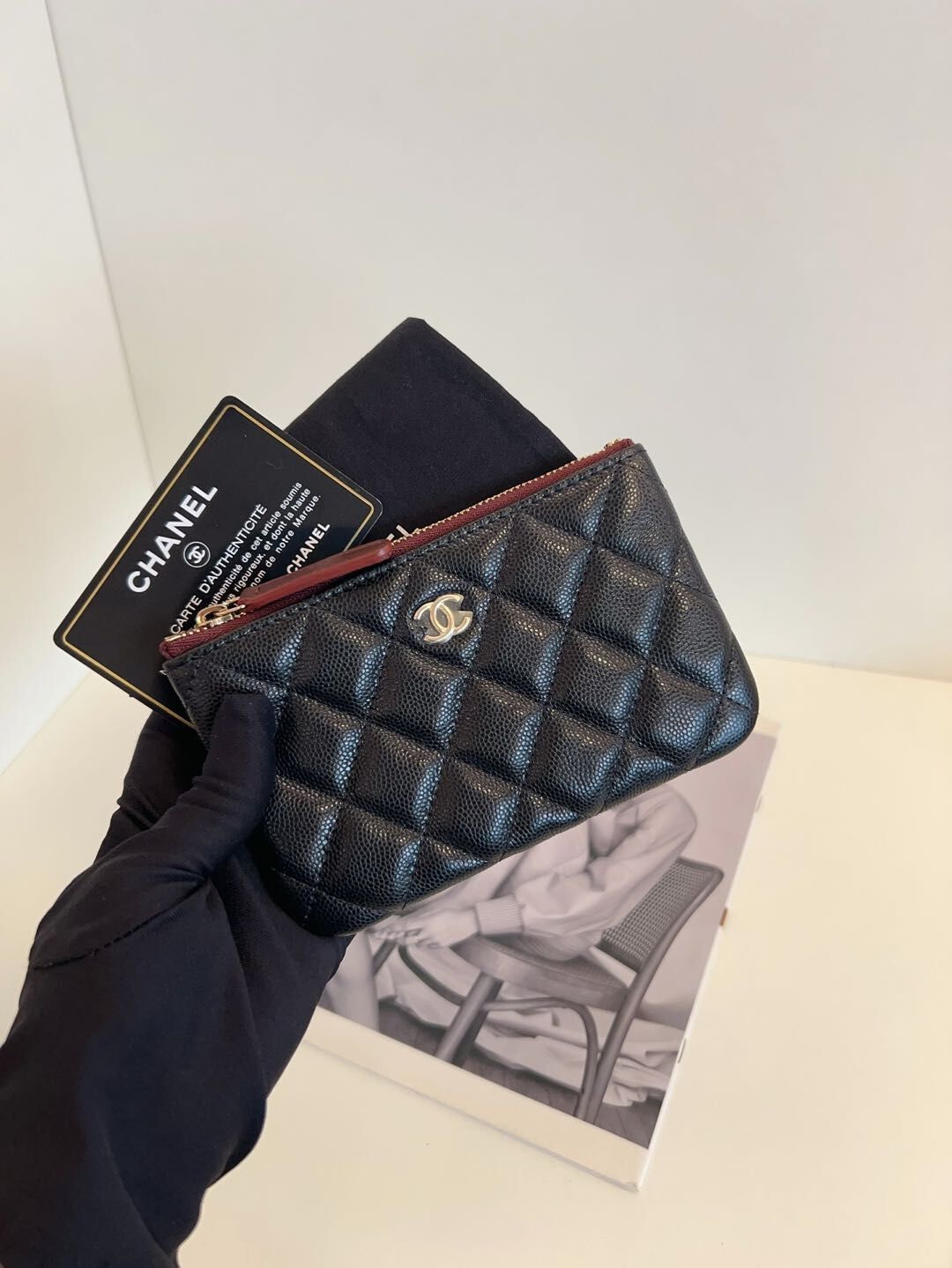 【全新】Chanel 經典黑金荔枝牛皮卡套散子包