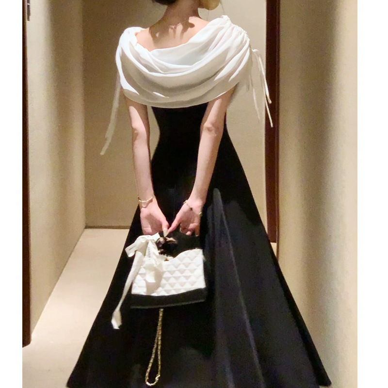 假2件 垂墜領收腰長洋(黑/白)