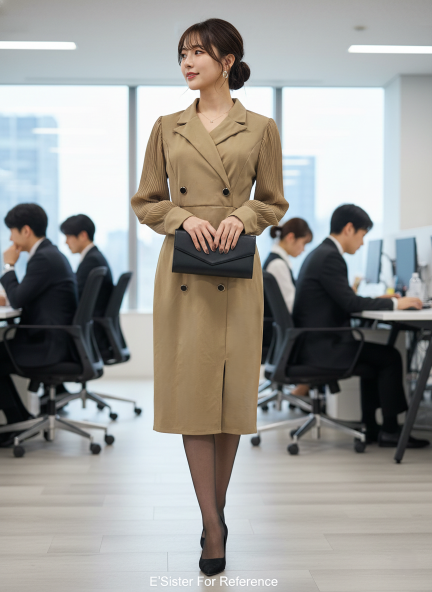 韓系氣質壓褶袖修身開衩洋裝 C61