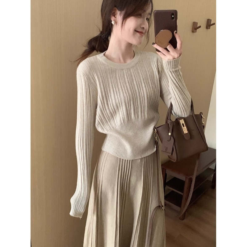 ᴷᴼᴿᴱᴬ 🇰🇷直紋修身收腰圓領針織上衣