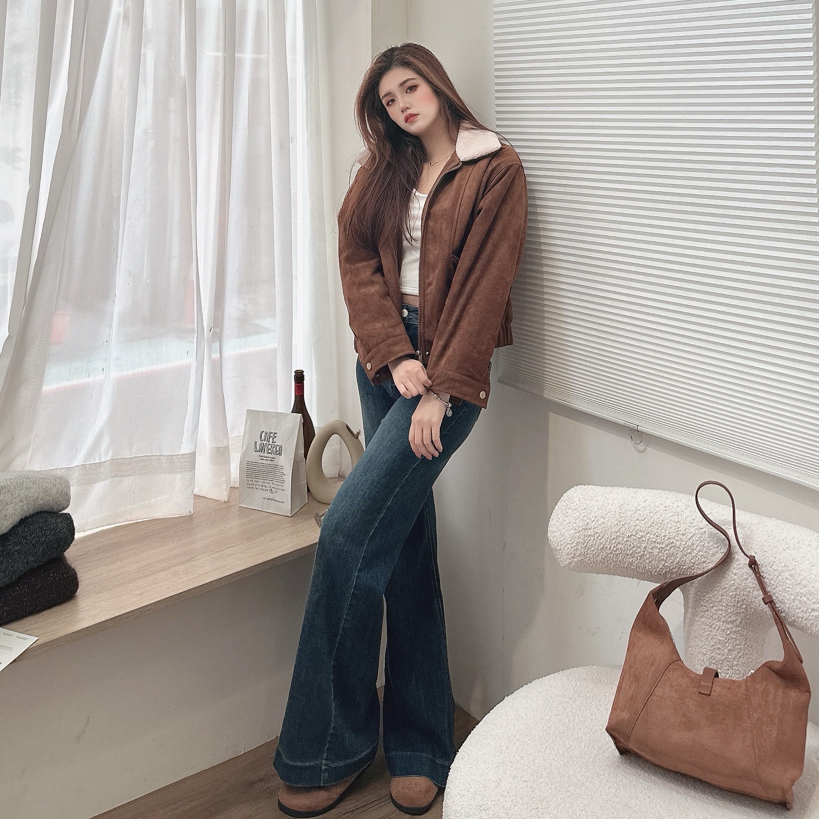 翻領羊羔毛麂皮外套/二色