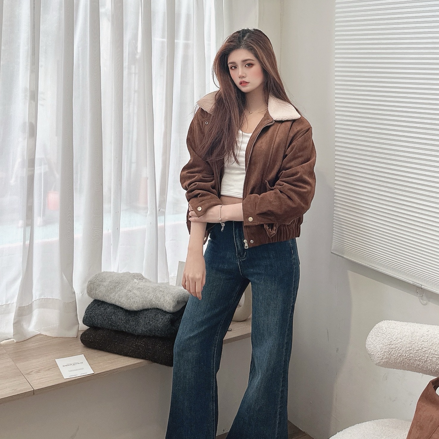 翻領羊羔毛麂皮外套/二色