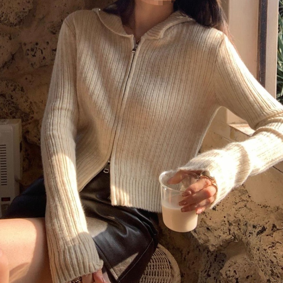ᴷᴼᴿᴱᴬ 🇰🇷暖杏光感修身直紋拉鍊針織上衣 (四色）