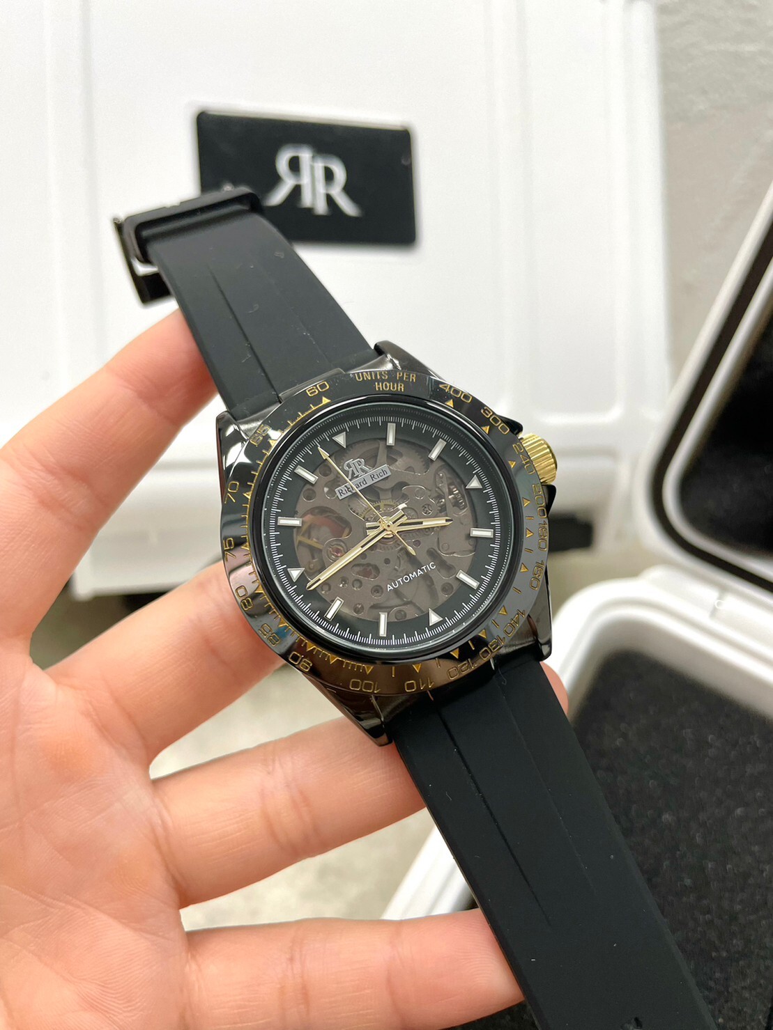 【Richard Rich】RR 海軍上將系列 黑色 縷空錶盤 自動機械 氟矽膠腕錶