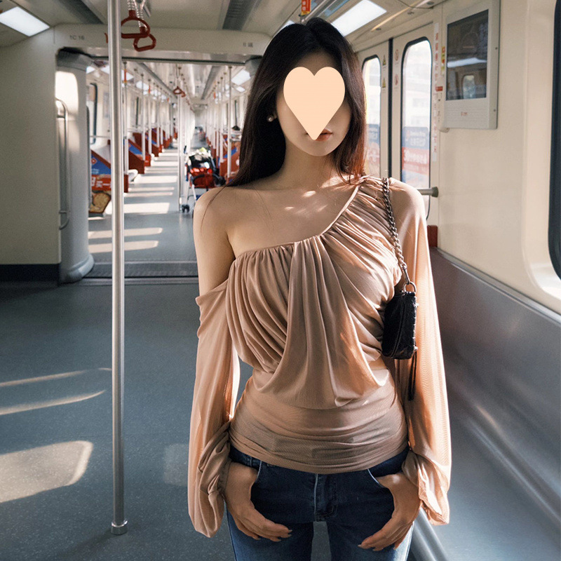 不規則露肩 雪紡上衣